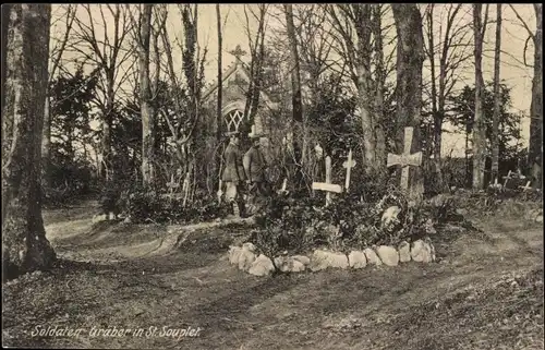 Ak Souplet Nord, Blick auf Soldatengräber, Kapelle