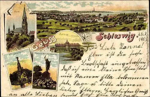 Litho Schleswig an der Schlei, Dom, Kriegerdenkmal, Chemnitz Bellmann Denkmal, Schloss