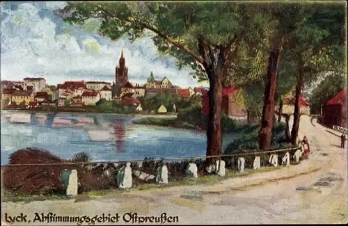 Künstler Ak Ełk Lyck Masuren Ostpreußen, Abstimmungsgebiet, Wasserpartie mit Blick zur Stadt