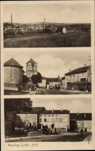 Ak Héming Moselle, Gesamtansicht, Straßenpartie, Kirche