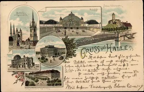 Litho Halle an der Saale, Bahnhof, Schloss Giebichenstein, Marktplatz, Kaserne