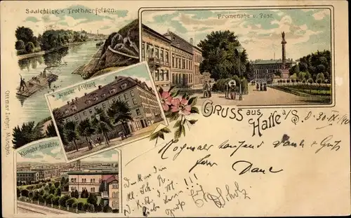 Litho Halle an der Saale, Francke-Stiftung, Promenade und Post, Saaleblick