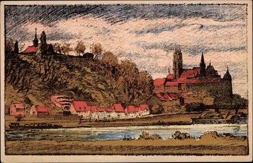 Künstler Steinzeichnung Ak Artur Barth, Meißen an der Elbe, Panorama