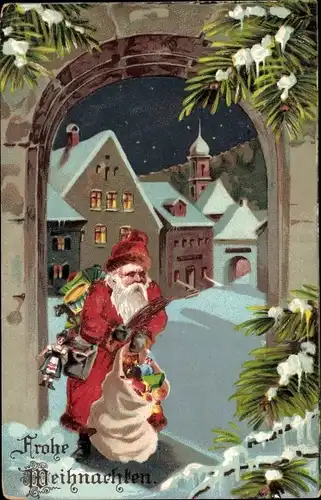 Präge Ak Frohe Weihnachten, Weihnachtsmann, Geschenkesack, Torbogen