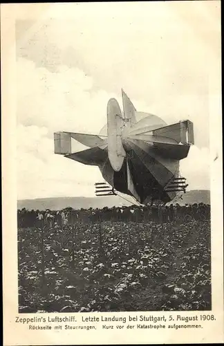 Ak Stuttgart, Zeppelin's Luftschiff Modell IV 1908, Steuerung, letzte Landung vor der Katastrophe