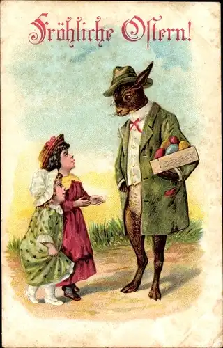 Präge Ak Glückwunsch Ostern, Osterhase mit Ostereiern, Kinder