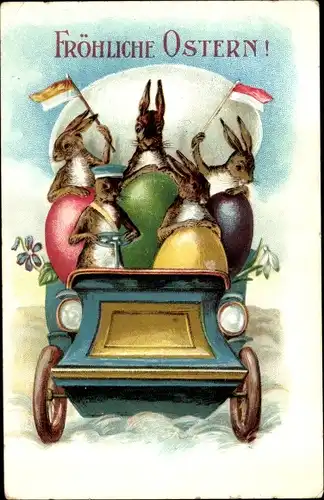 Ak Frohe Ostern, Osterhasen im Automobil, Ostereier