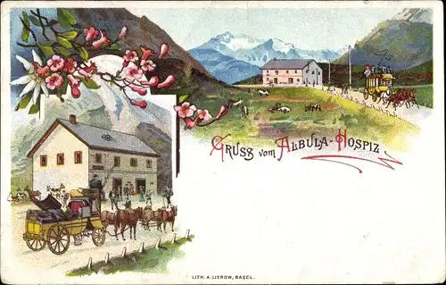 Litho Albula Alvra Graubünden, Albula Hospiz, Kutsche, Blumen