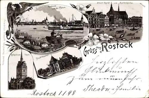 Litho Hansestadt Rostock, Neuer Markt, Marienkirche, Kröpeliner Tor, Stadttheater