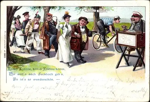 Litho Komm Karline, wir woll'n nach Seckbach gehn, Leierkasten, Drehorgel