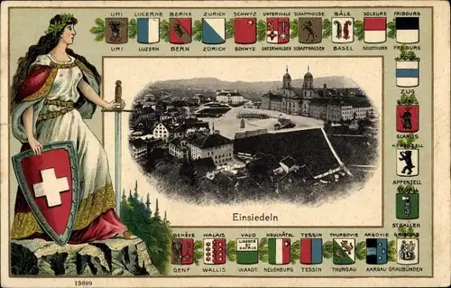 Präge Wappen Ak Einsiedeln Kt. Schwyz Schweiz, Teilansicht der Stadt, Bern, Zürich, Basel, Appenzell