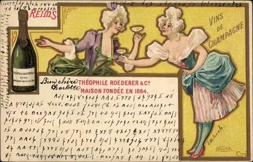 Künstler Ak Nouer, Vins de Champagne, Frauen, Weinflasche, Weinglas, Reims
