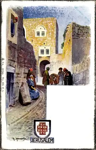 Künstler Ak Hansche, R., Jerusalem Israel, Wappen, Straßenpartie, Passanten