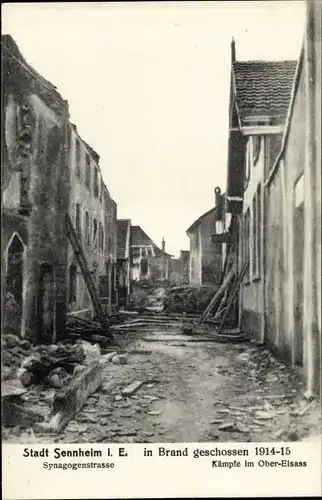 Ak Cernay Sennheim Elsass Haut Rhin, Stadt in Brand geschossen 1914-1915, Synagogenstraße