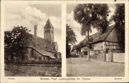 Ak Gröben Ludwigsfelde in Brandenburg, Kirche, Gasthof