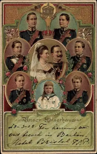 Präge Litho Unser Kaiserhaus, Kaiser Wilhelm II. von Preußen, Kaiserin Auguste Viktoria, Kinder