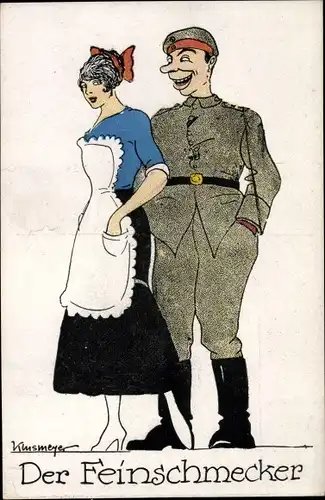 Künstler Ak Klusmeyer, Der Feinschmecker, Soldat in Uniform, Hausmädchen