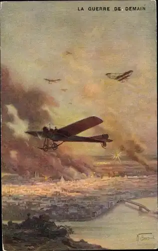 Künstler Ak Beraud, N., Französische Kampfflugzeuge, Luftkampf, Blick auf brennende Stadt, I. WK