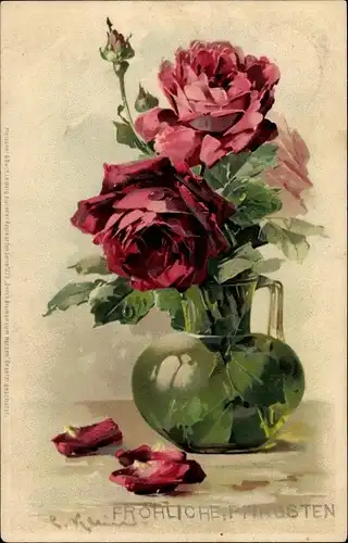 Künstler Litho Klein, Catharina, Rote Rosen in Vase, Meissner & Buch 1273, Pfingsten