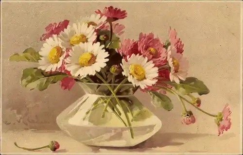 Künstler Litho Klein, Catharina, Blumenstrauß in der Glasblumenvase, Meissner und Buch 5811