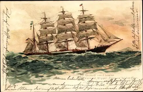 Künstler Litho Bohrdt, Hans, Segelschiff Viermast Klipper Pisagua bei Cap Horn, Reederei F. Laeisz