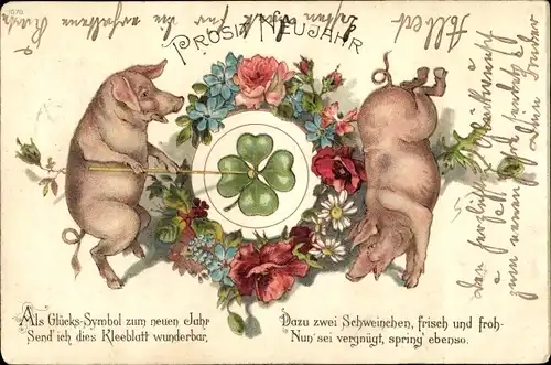 Ak Glückwunsch Neujahr, Zwei Schweine, Kleeblatt, Kitsch