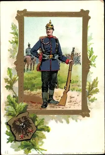 Präge Passepartout Litho Deutscher Soldat in Uniform, Gewehr, Wappen