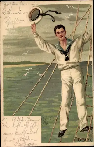 Künstler Litho Deutscher Marinesoldat, Schiff, Möwen, Gruß