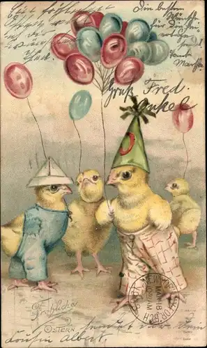 Litho Glückwunsch Ostern, Feiernde Küken, Ballons