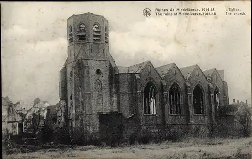 Ak Middelkerke Westflandern, Ruines 1914-18, L'Eglise