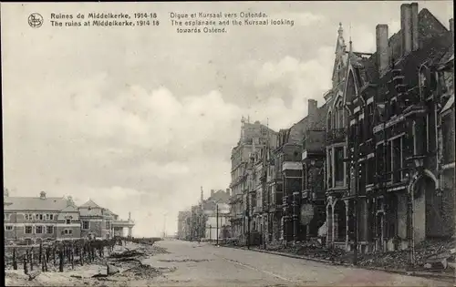 Ak Middelkerke Westflandern, Ruines 1914-18, Digue et Kursaal vers Ostende