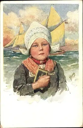 Künstler Ak Feiertag, K., Mädchen in niederländischer Tracht, Segelschiffe, Gebetbuch