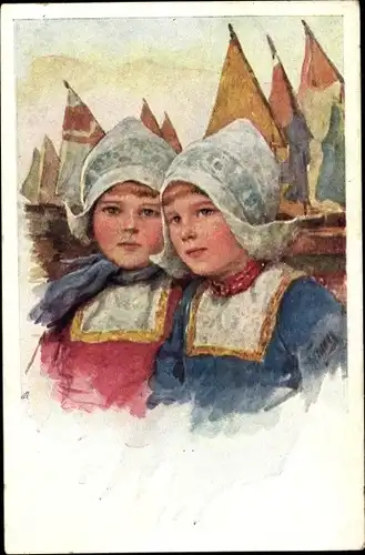 Künstler Ak Feiertag, K., Mädchen in niederländischer Tracht, Segelschiffe