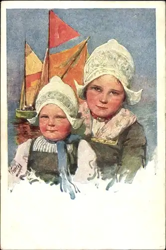 Künstler Ak Feiertag, K., Mädchen in niederländischer Tracht, Segelschiffe