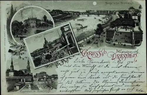 Mondschein Litho Dresden, Belvedere, Dampfschiff Landeplatz, Brühl'sche Terrassen, Helbigs