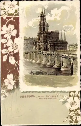 Litho Dresden Altstadt, Katholische Hofkirche u. Augustusbrücke