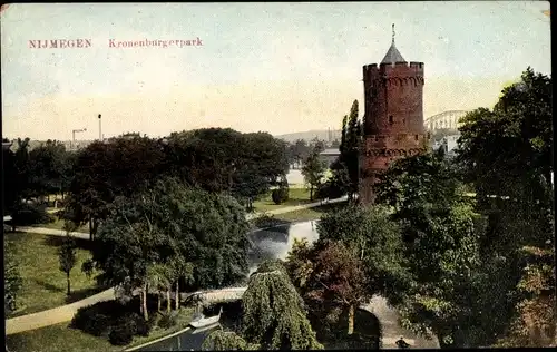 Ak Nijmengen Gelderland Niederlande, Kronenburgerpark, Turm, Teich