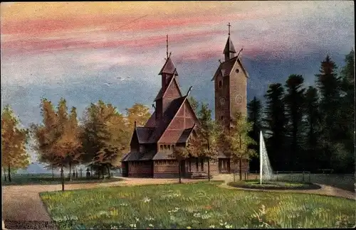Künstler Ak Karpacz Górny Brückenberg Krummhübel Riesengebirge Schlesien, Kirche Wang am Abend