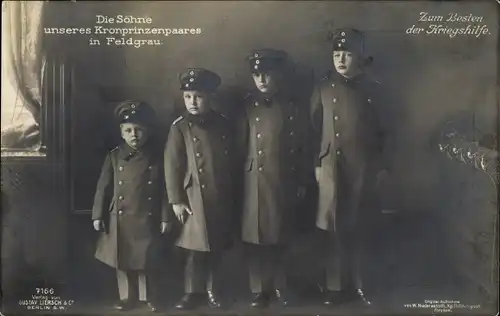 Ak Die kronprinzlichen Söhne, Preußische Prinzen als Kinder in Feldgrau, Liersch 7166
