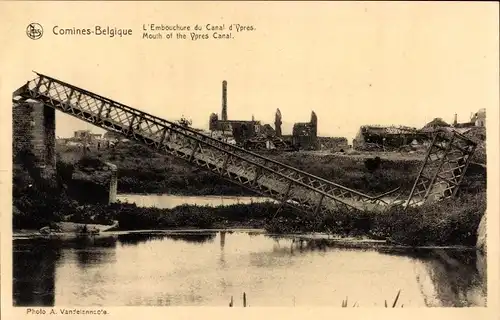 Ak Comines Wallonien Hennegau, L'Embouchore du Canal d'Ypres, zerstörte Brücke