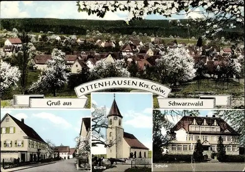 Ak Ottenhausen Straubenhardt im Schwarzwald, Panorama, Schule, Kirche, Straßenpartie