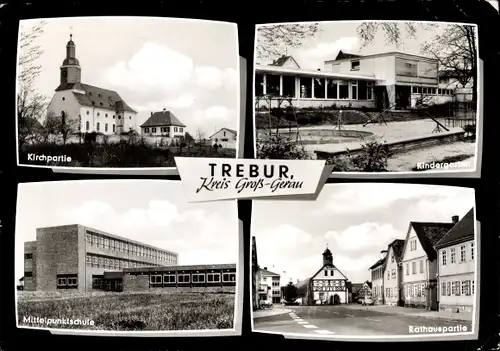 Ak Trebur am Rhein Hessen, Kirchpartie, Kindergarten, Mittelpunktschule, Rathauspartie
