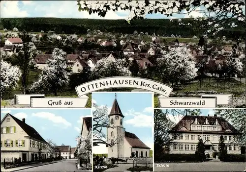 Ak Ottenhausen Straubenhardt im Schwarzwald, Panorama, Schule, Kirche, Straßenpartie