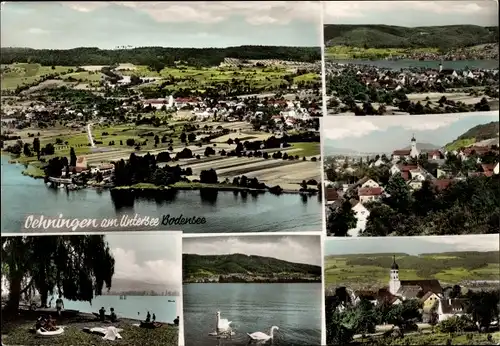 Ak Öhningen am Untersee Baden, Panorama mit Kirchturm, Seeufer