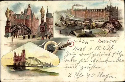 Litho Hamburg Mitte Altstadt, Brooks Brücke, Freihafen Lagerhäuser, neue Elbbrücke