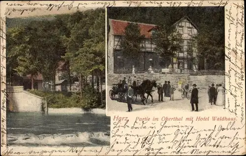 Ak Altenau Clausthal Zellerfeld im Oberharz, Partie im Okerthal mit Hotel Waldhaus, Kutsche