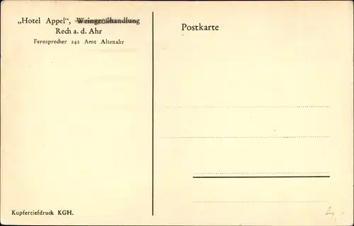 Ak Rech a.d. Ahr, Hotel Appel, Weingroßhandlung, Außenansicht