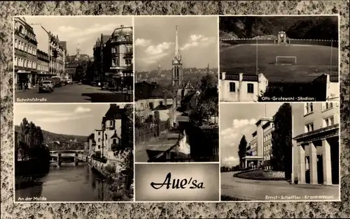 Ak Aue im Erzgebirge Sachsen, Otto Grotewohl Stadion, Bahnhofstraße, Ernst Scheffler Krankenhaus