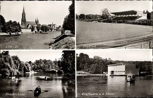 Ak Ulm an der Donau, Kirche, Stadion, Friedrichsau, Kraftwerk an der Donau