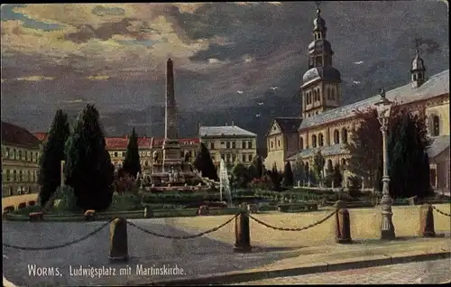 Ak Worms am Rhein. Ludwigsplatz mit Martinskirche, Denkmal, Fontäne